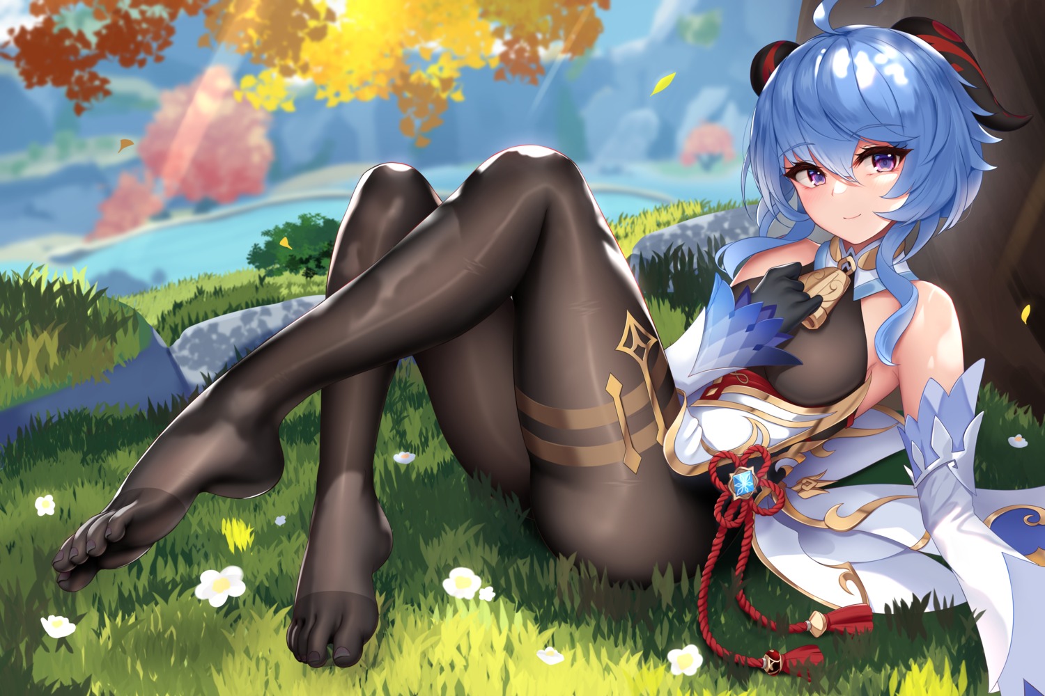 asian_clothes damao_yu feet ganyu genshin_impact horns no_bra pantyhose possible_duplicate skirt_lift