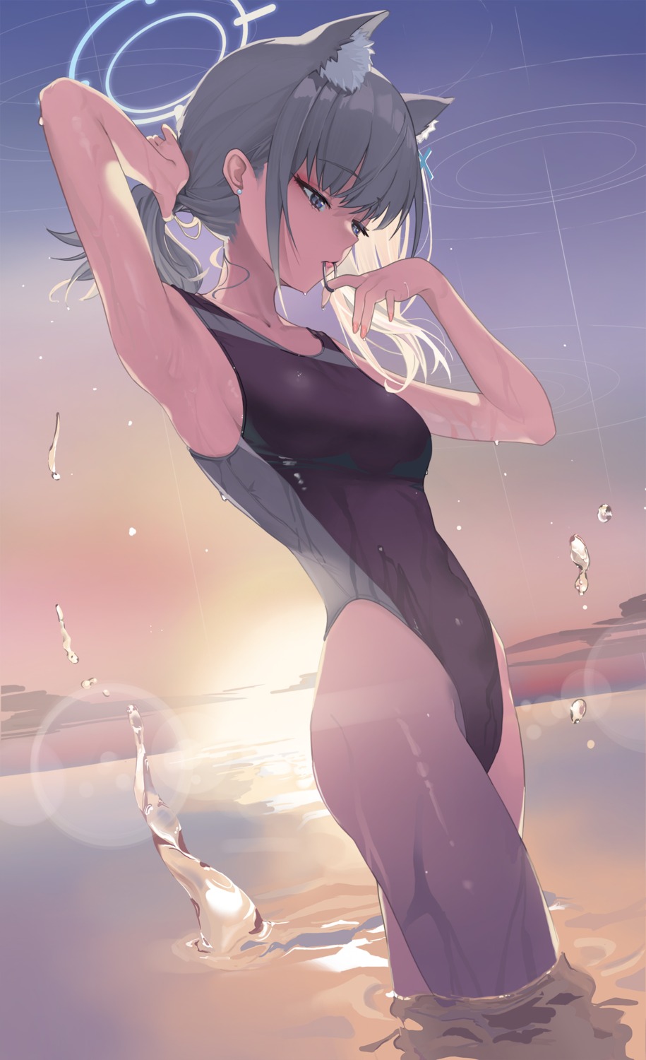 animal_ears blue_archive halo nekomimi serie_niai sunaookami_shiroko swimsuits wet