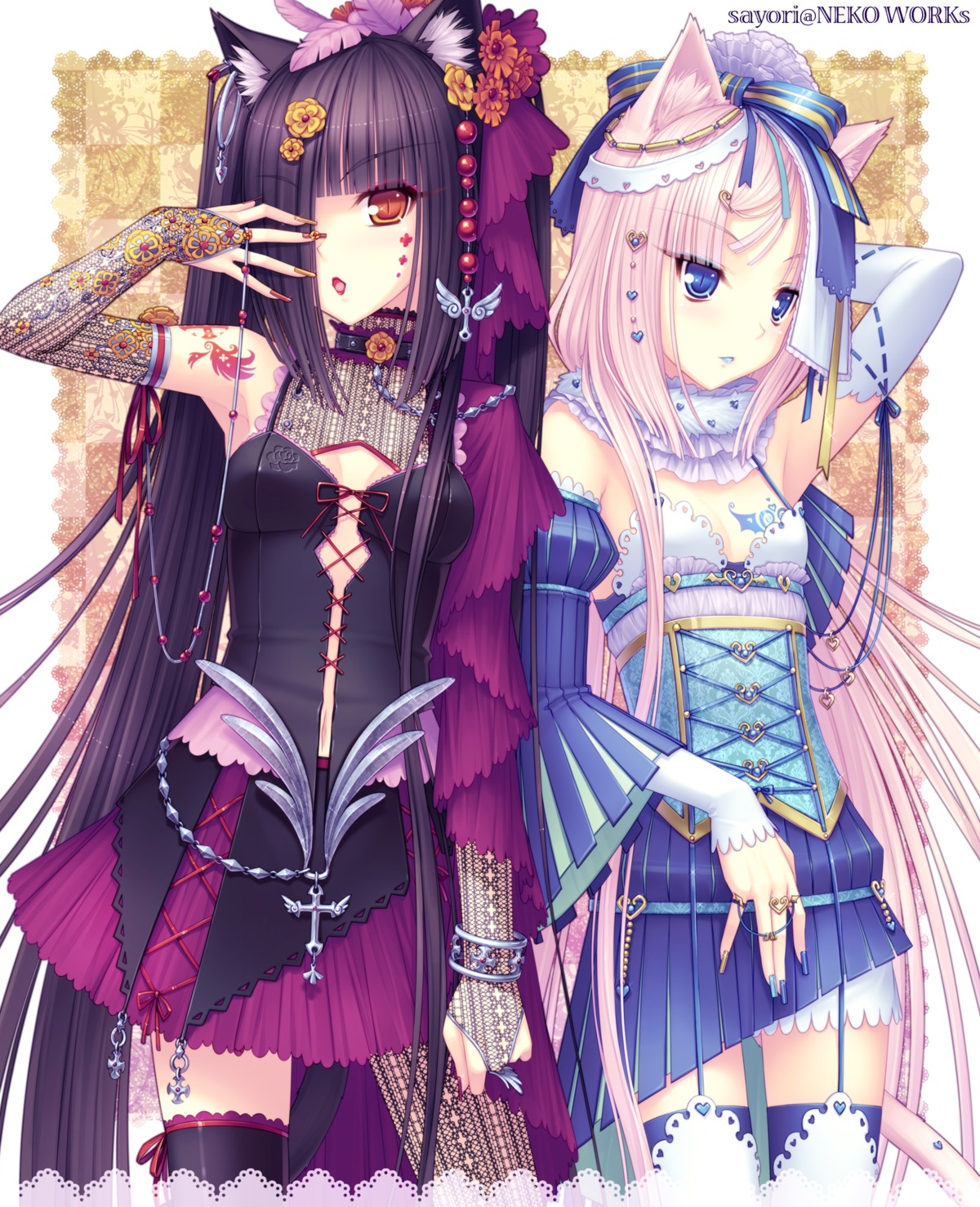 animal_ears chocola cleavage lolita_fashion neko_works nekomimi sayori tail thighhighs vanilla