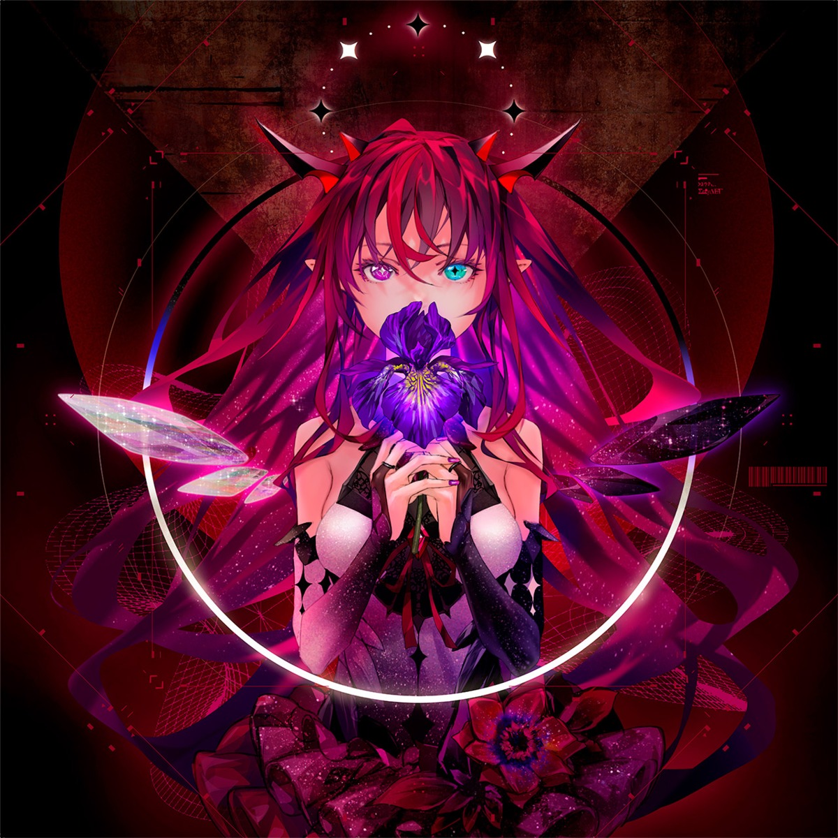 disc_cover heterochromia hololive hololive_english horns irys_(hololive) pointy_ears redjuice wings