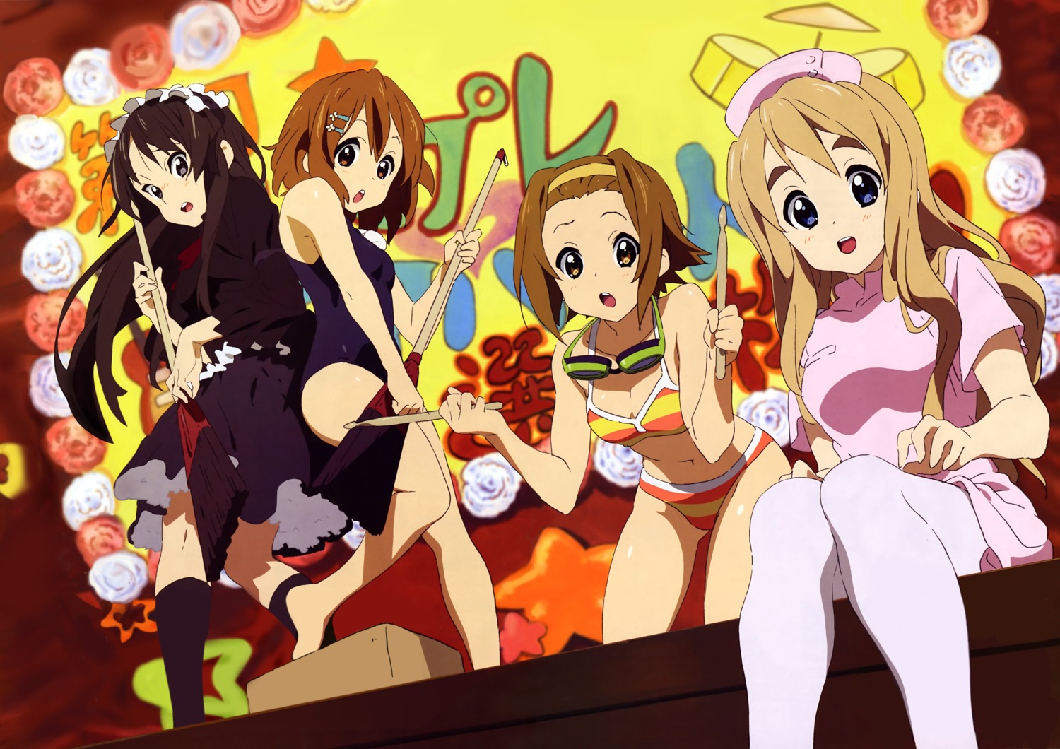 akiyama_mio bikini dress gothic_lolita hirasawa_yui k-on! kotobuki_tsumugi lolita_fashion maid nishiya_futoshi nurse pantyhose school_swimsuit swimsuits tainaka_ritsu