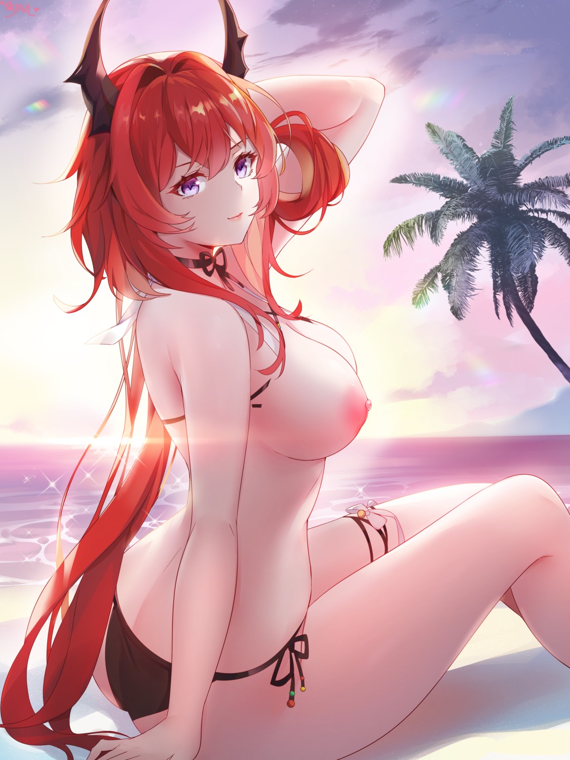 arknights bikini horns lingshalan nipples surtr_(arknights) swimsuits topless