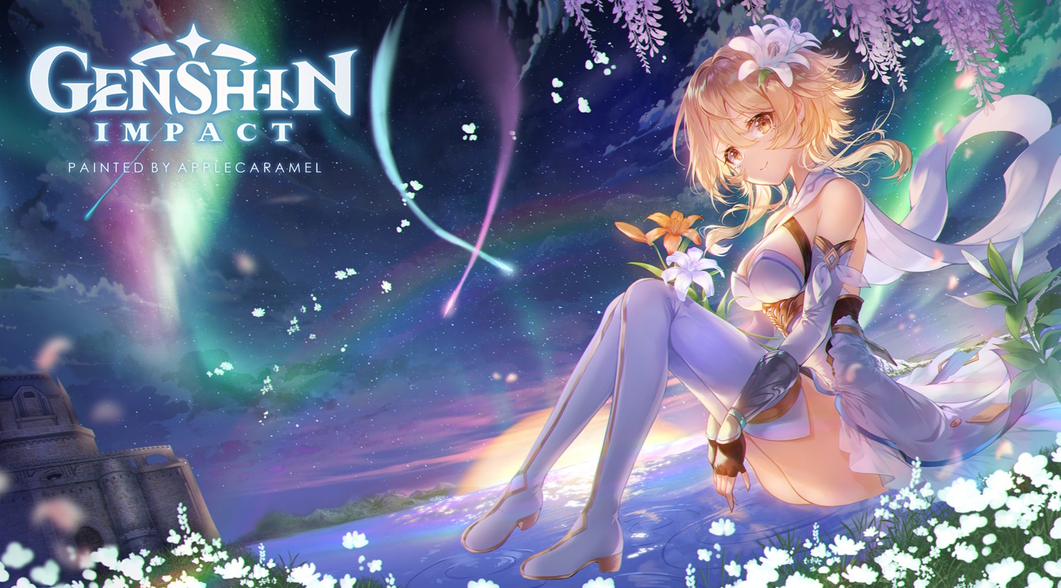 apple_caramel artist_revision genshin_impact heels landscape lumine no_bra see_through skirt_lift thighhighs