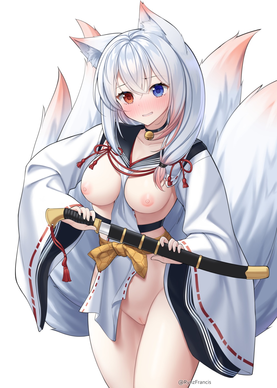 animal_ears bottomless heterochromia japanese_clothes kitsune nipples no_bra pussy rynzfrancis seifuku sword tail