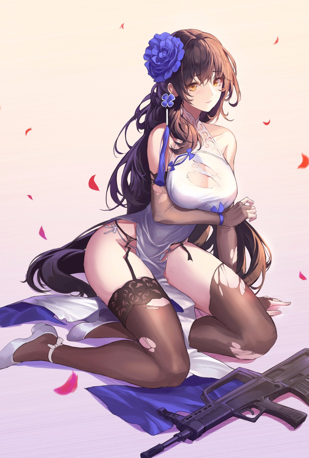 breast_hold chinadress cleavage girls_frontline gun heels no_bra pantsu pro-p qbz-95_(girls_frontline) stockings string_panties thighhighs torn_clothes