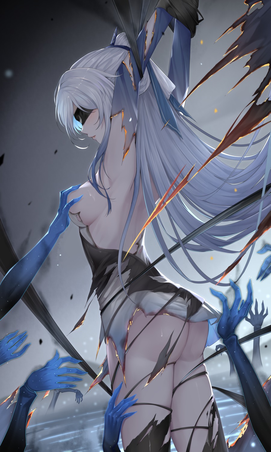 ass bondage dress honkai:_star_rail jingliu lalahei no_bra nopan thighhighs torn_clothes