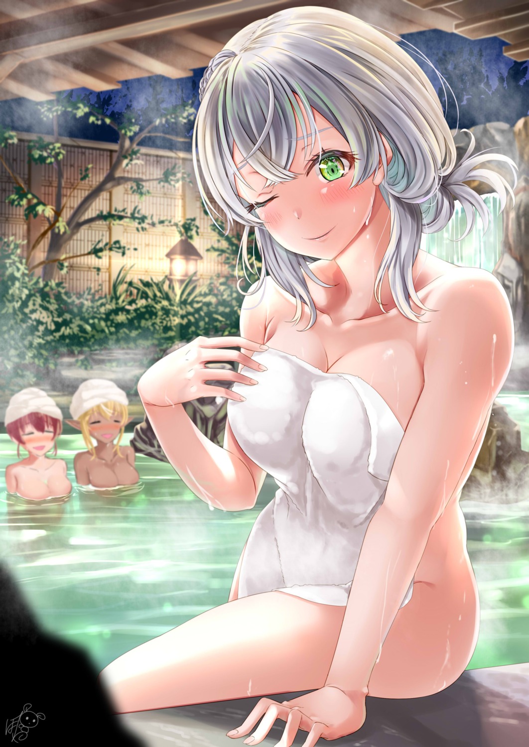 ayakase_hotaru bathing elf hololive houshou_marine naked onsen pointy_ears shiranui_flare shirogane_noel towel wet