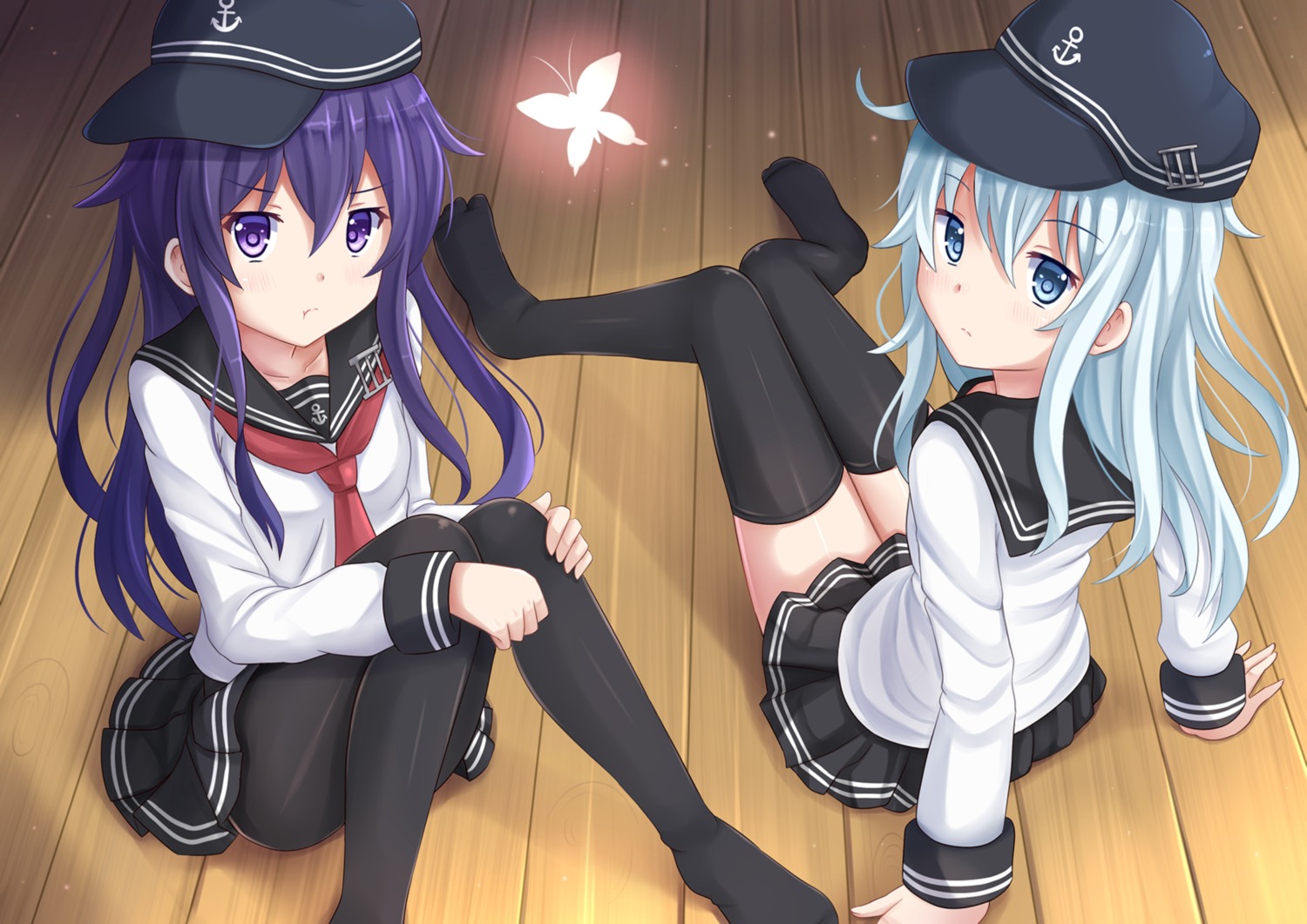 akatsuki_(kancolle) hibiki_(kancolle) kantai_collection kazenokaze pantyhose seifuku thighhighs