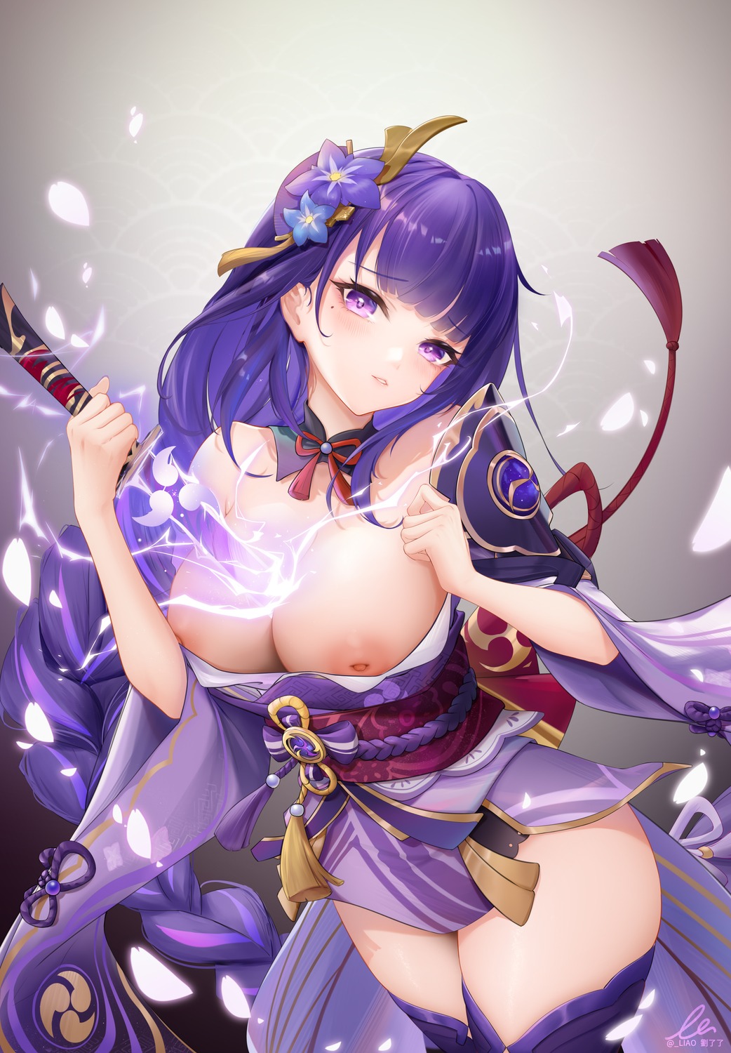 armor breasts genshin_impact japanese_clothes liu_liaoliao nipples no_bra open_shirt raiden_shogun sword thighhighs