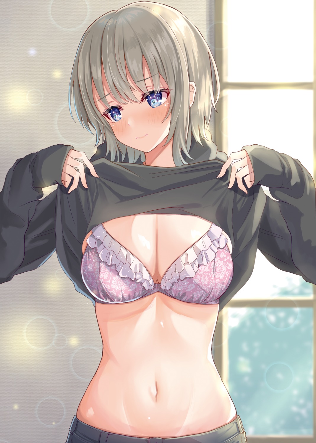 bra cleavage hayashi_takeo shirt_lift sweater undressing