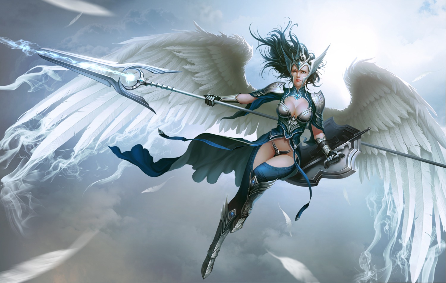 armor cleavage heels ssamja sword thighhighs weapon wings