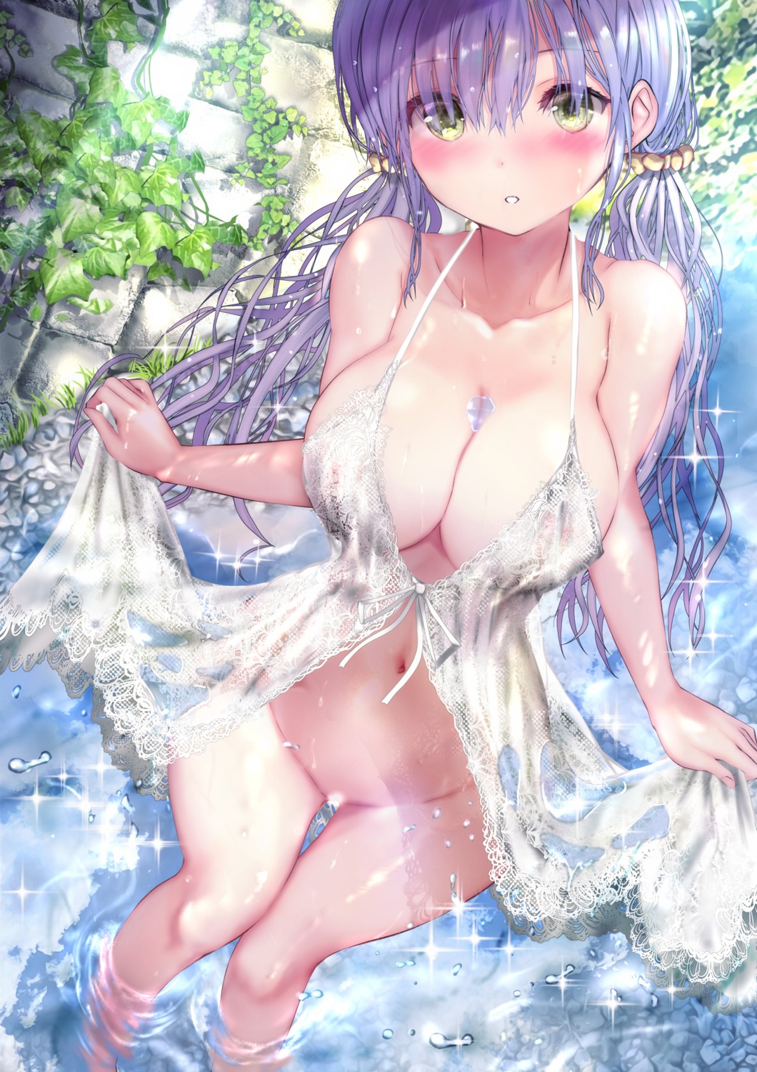 censored dress no_bra nopan ogata_tei see_through skirt_lift summer_dress wet wet_clothes