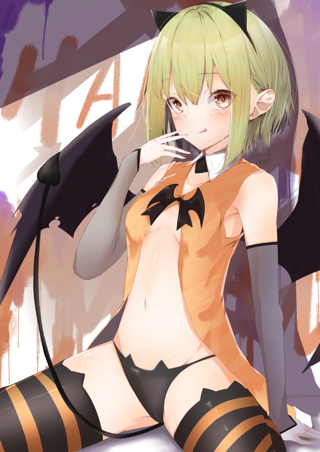 animal_ears cameltoe chunithm halloween kisaragi_yaya no_bra pantsu sky_feather tail thighhighs wings