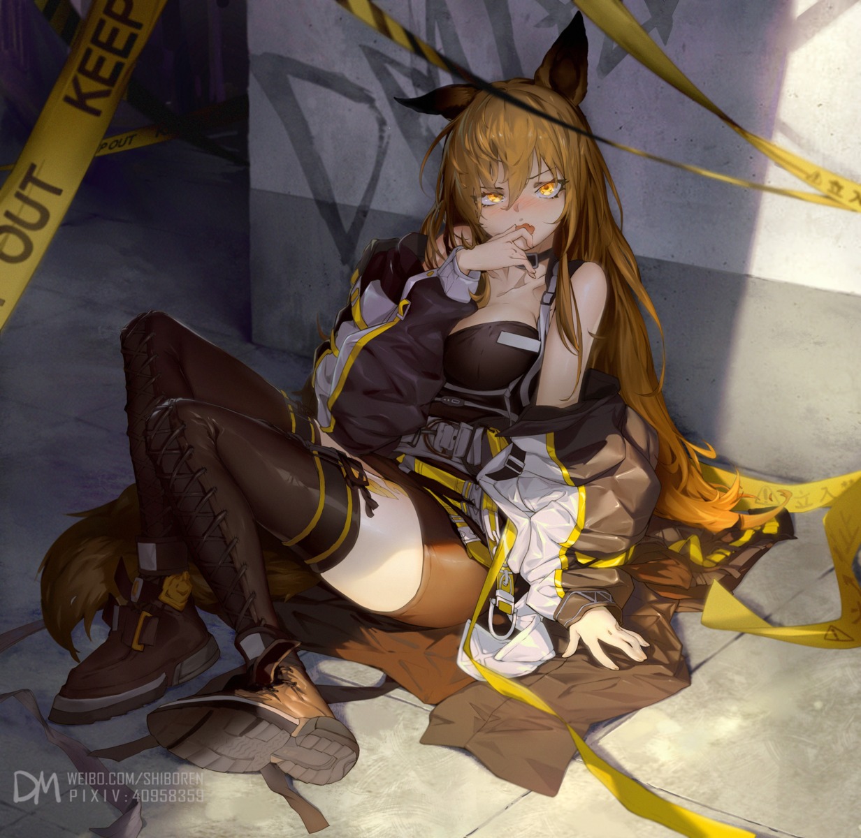 animal_ears arknights ceobe_(arknights) cleavage dm_(dai_miao) tail thighhighs