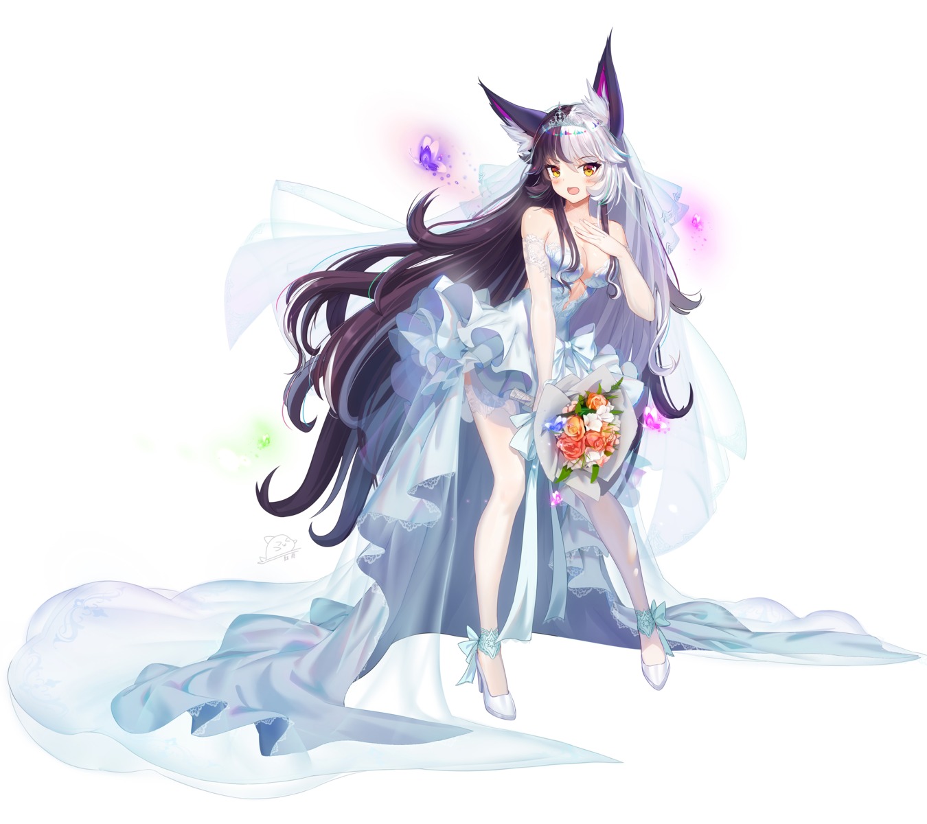 animal_ears cleavage dress heels hong_bai no_bra thighhighs wedding_dress