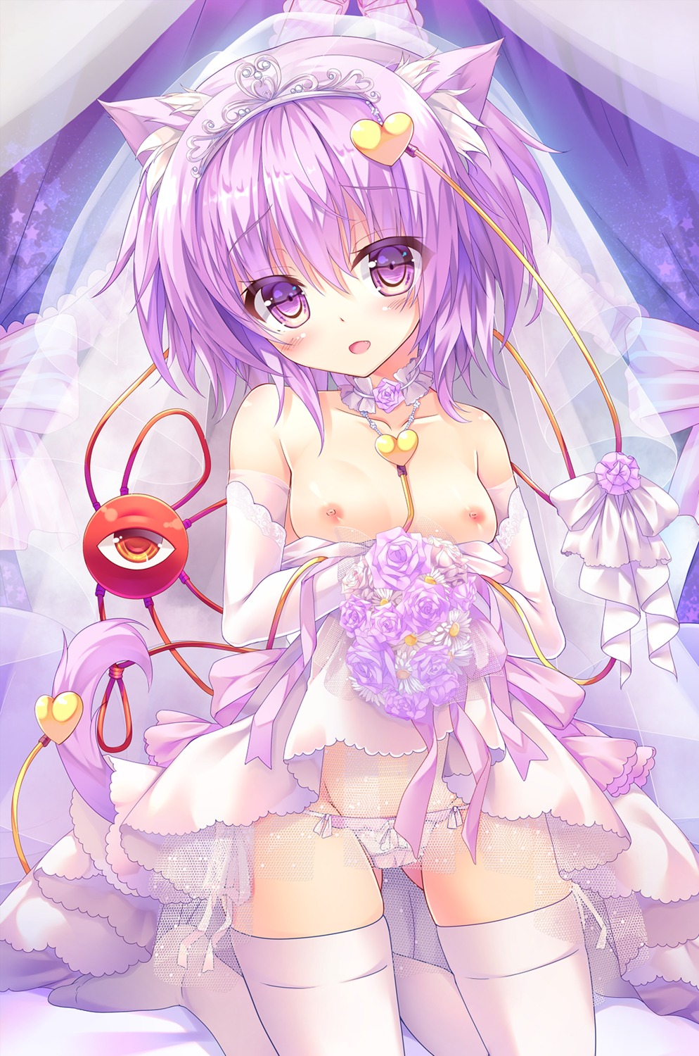 animal_ears breasts dress kinokomushi komeiji_satori loli nekomimi nipples no_bra open_shirt pantsu see_through tail thighhighs touhou wedding_dress