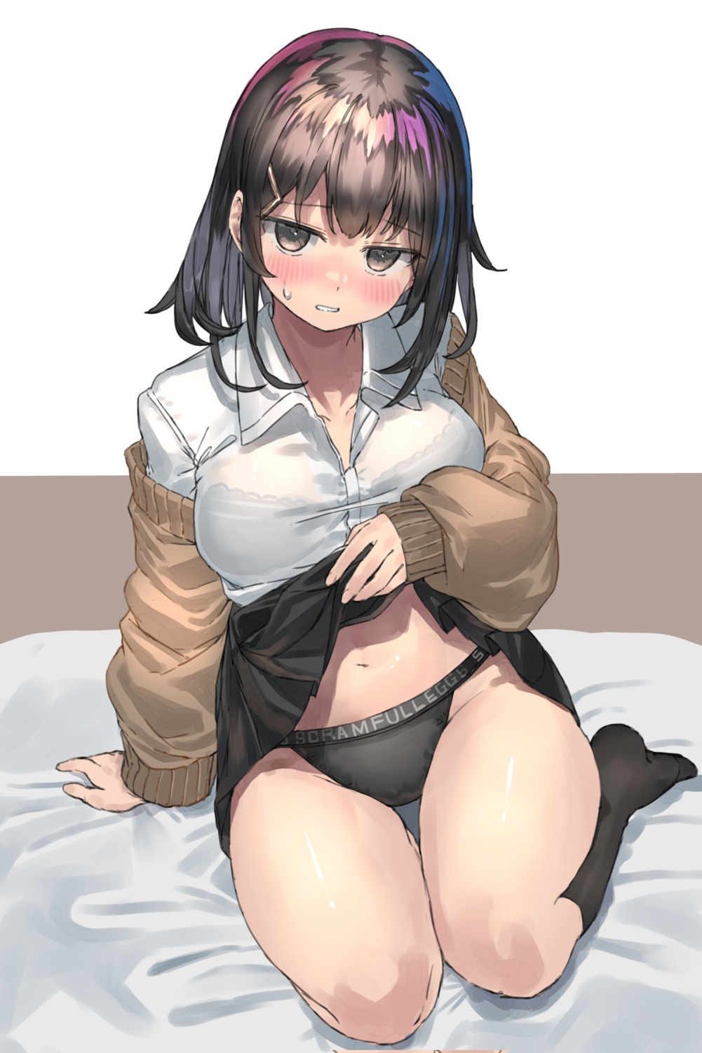 bra open_shirt pantsu ranf see_through seifuku skirt_lift sweater