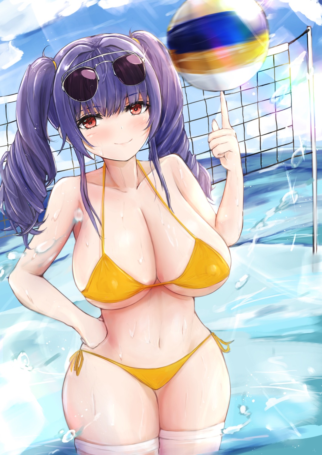 azur_lane bikini erect_nipples megane pola_(azur_lane) swimsuits takahasho thighhighs wet