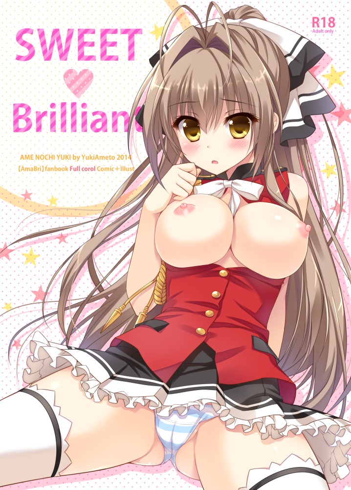 amagi_brilliant_park ameto_yuki breasts cameltoe nipples no_bra open_shirt pantsu sento_isuzu shimapan thighhighs