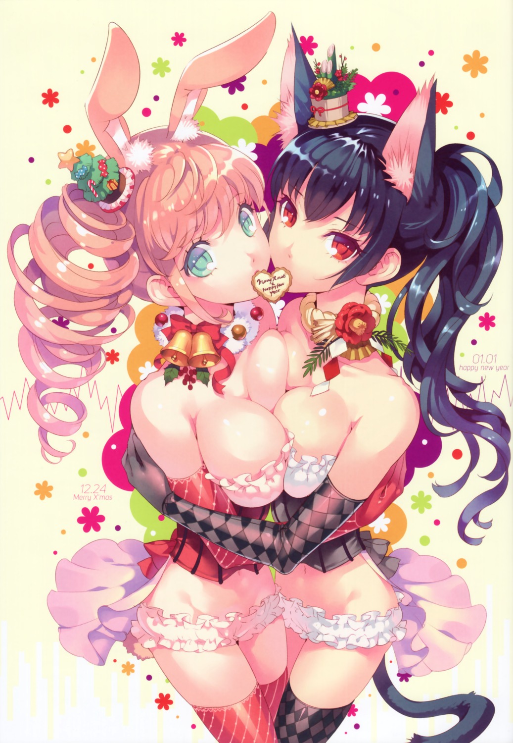 animal_ears bunny_ears christmas cleavage erimo nekomimi symmetrical_docking tail thighhighs