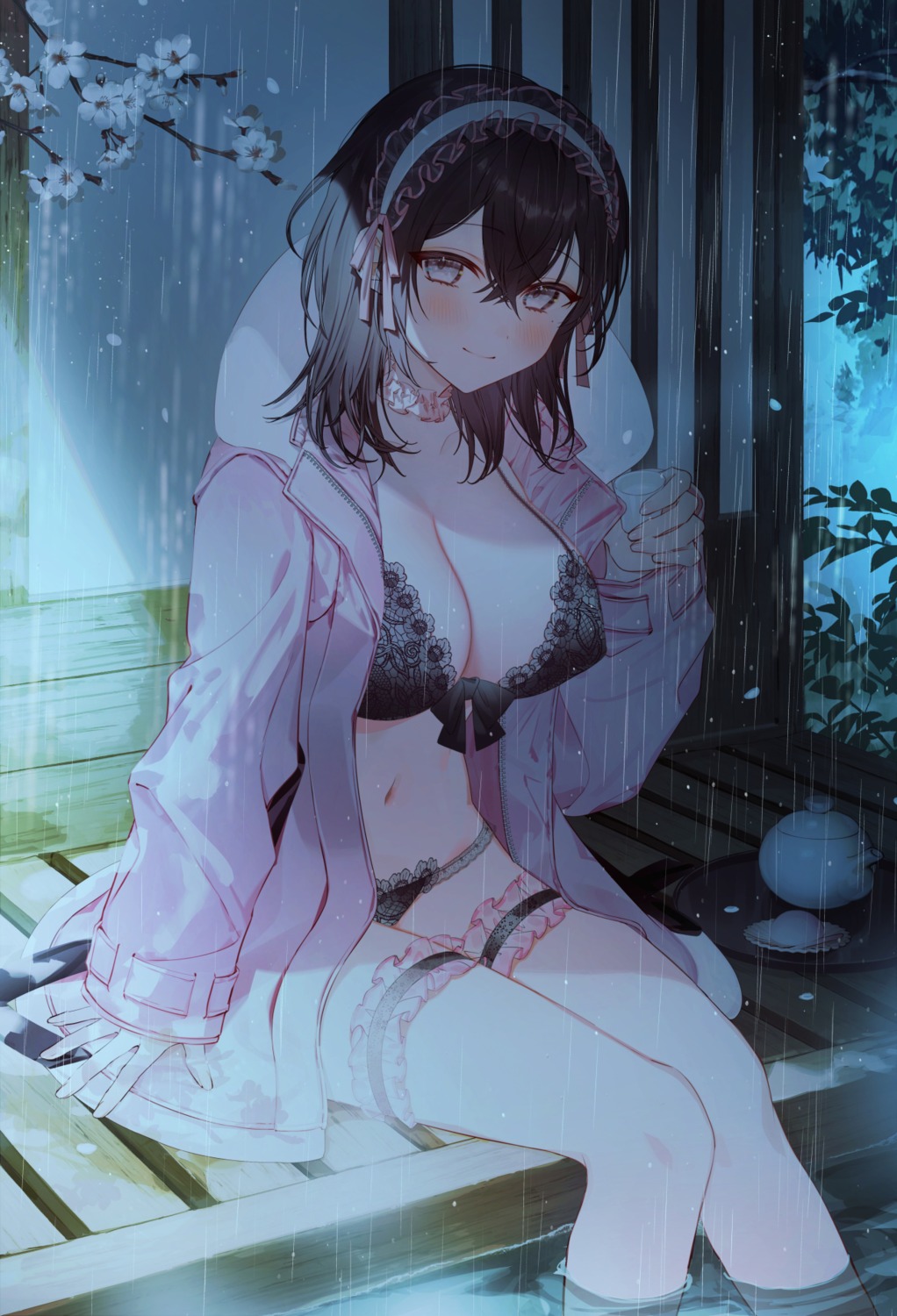 bra garter onsen open_shirt pantsu shandega wet