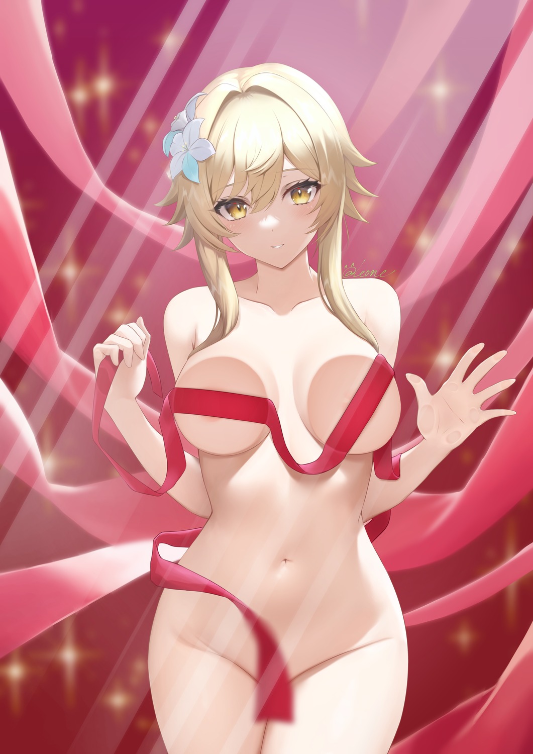 areola genshin_impact kamina0205 lumine naked_ribbon