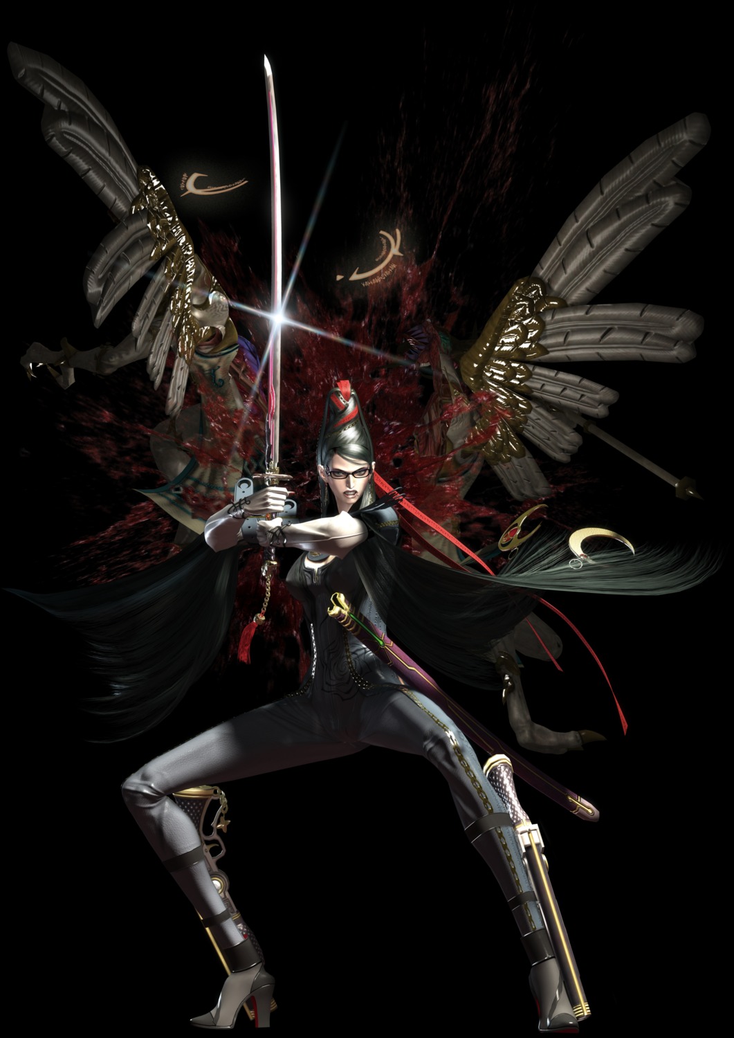 bayonetta bayonetta_(character) blood bodysuit cg gun heels megane sega sword