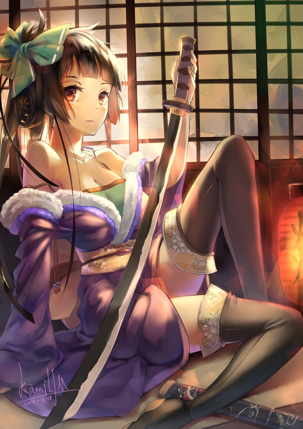 cleavage japanese_clothes kamiljm sword thighhighs