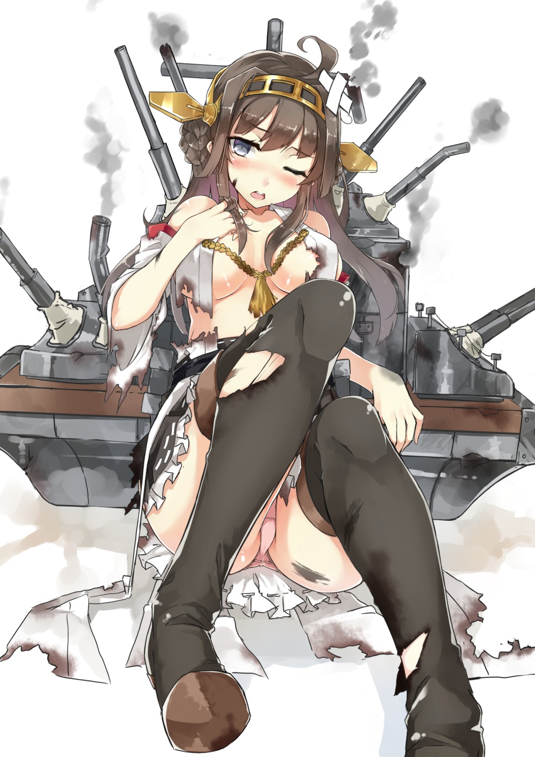 cleavage kantai_collection kongou_(kancolle) nanahara_fuyuki no_bra pantsu thighhighs torn_clothes