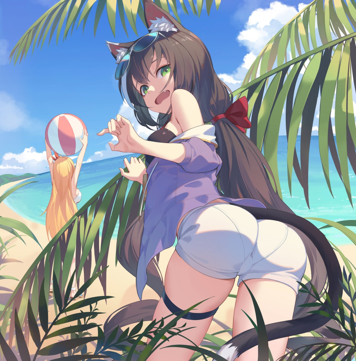 animal_ears ass bikini_top garter karyl_(princess_connect) megane nian open_shirt princess_connect princess_connect!_re:dive swimsuits tail