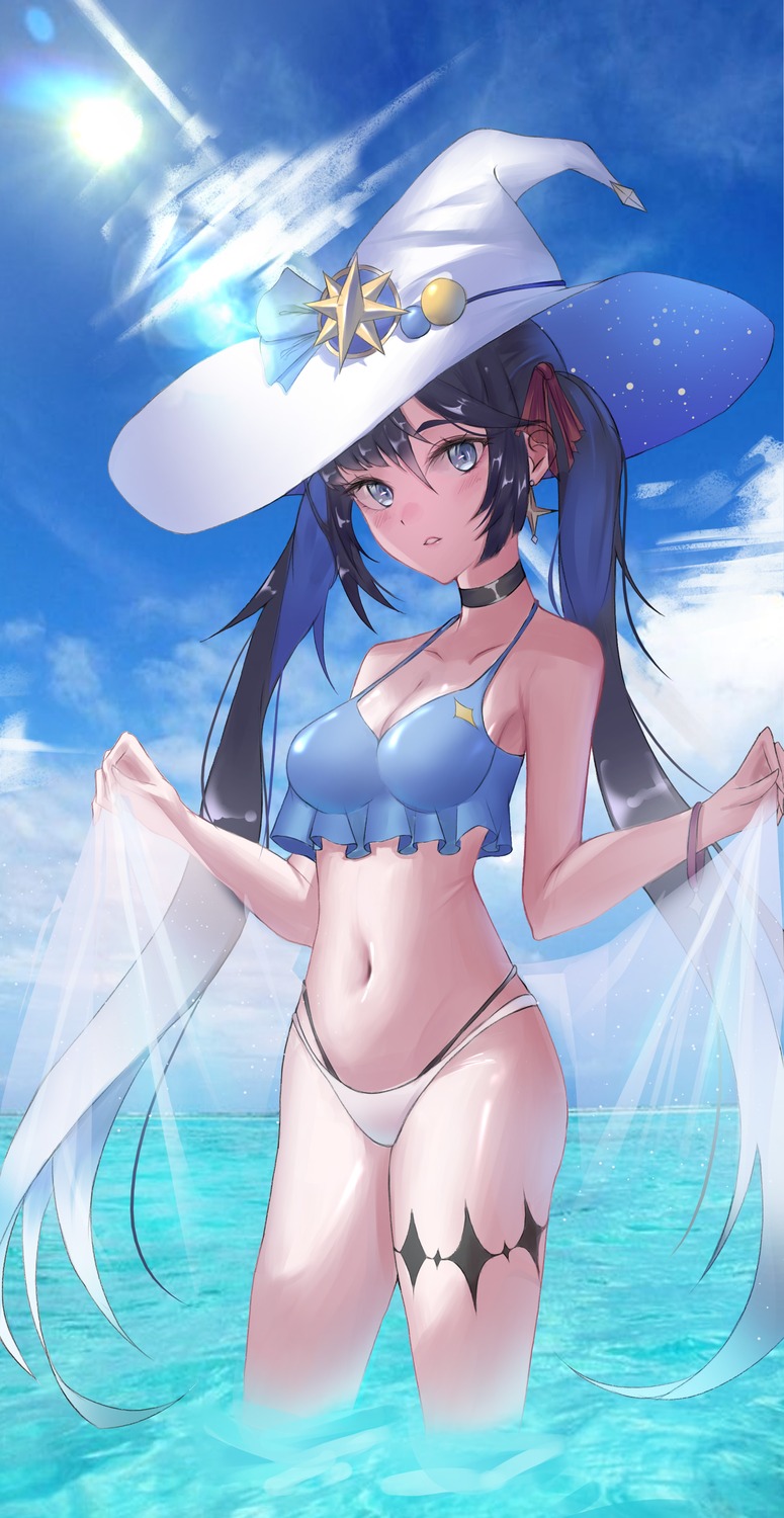 bikini cleavage garter genshin_impact maewa mona_megistus swimsuits wet witch