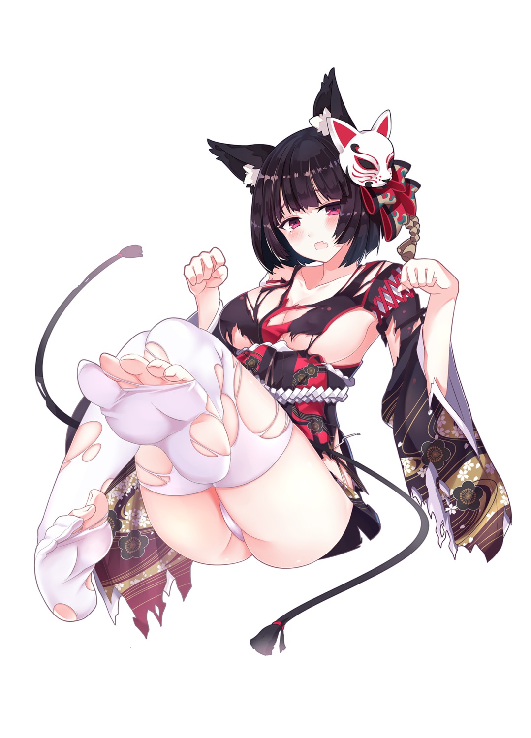 animal_ears azur_lane feet japanese_clothes no_bra omone_chou pantsu thighhighs thong torn_clothes yamashiro_(azur_lane)