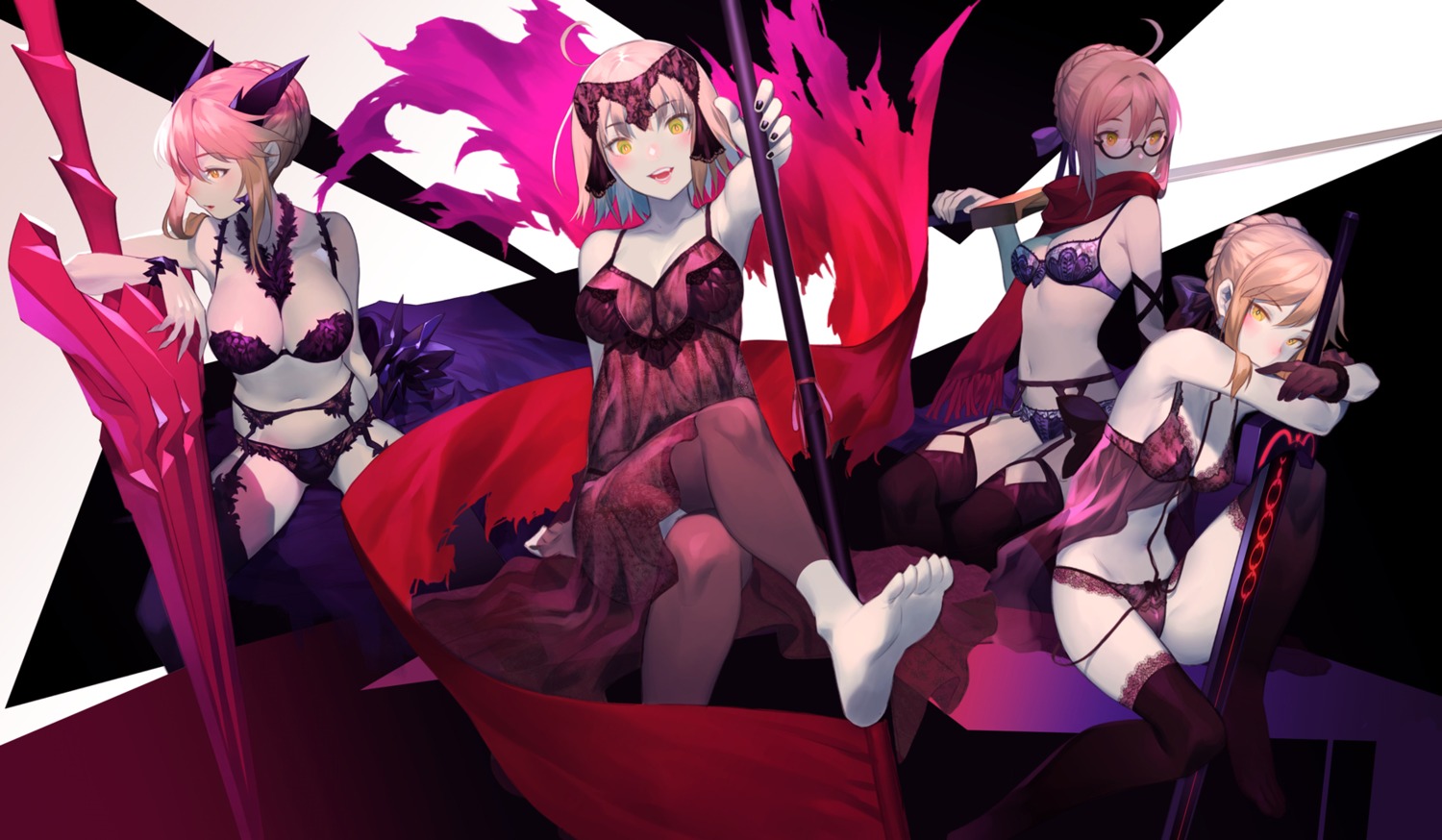 artoria_pendragon_alter_(fate/grand_order) bra fate/grand_order feet garter_belt heroine_x horns jeanne_d'arc jeanne_d'arc_(alter)_(fate) lingerie megane pantsu saber saber_alter salmon88 see_through skirt_lift stockings sword thighhighs weapon