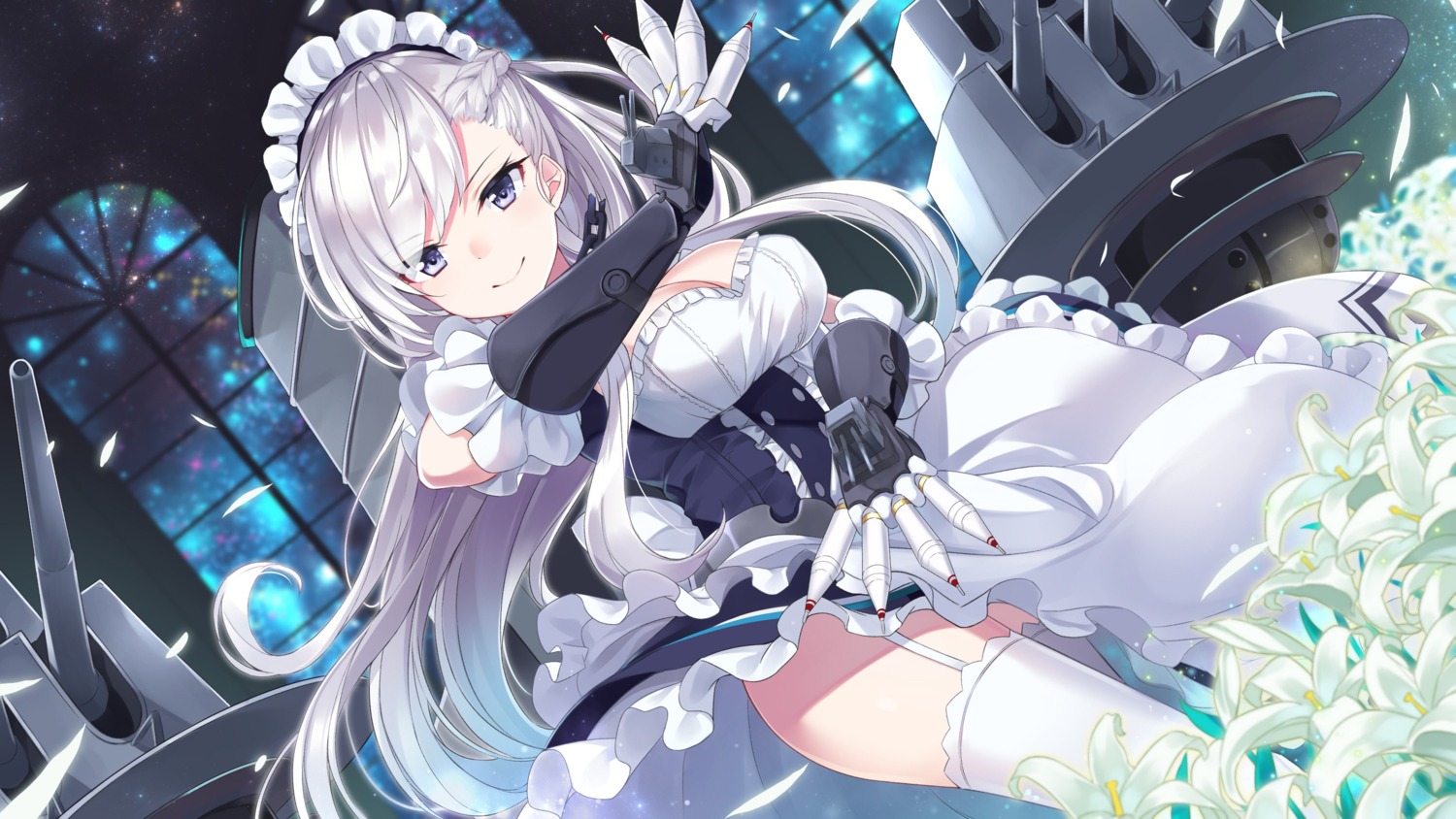 azur_lane belfast_(azur_lane) cleavage maid stockings takehana_note thighhighs weapon