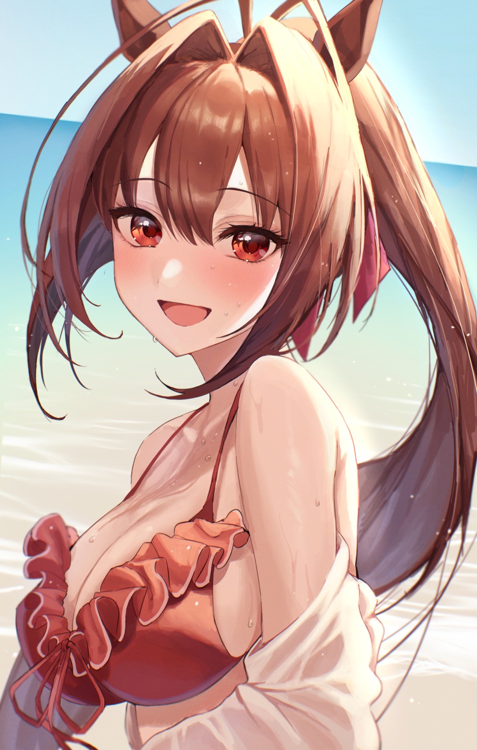 animal_ears bikini_top daiwa_scarlet_(umamusume) kudou_eru open_shirt swimsuits uma_musume_pretty_derby wet