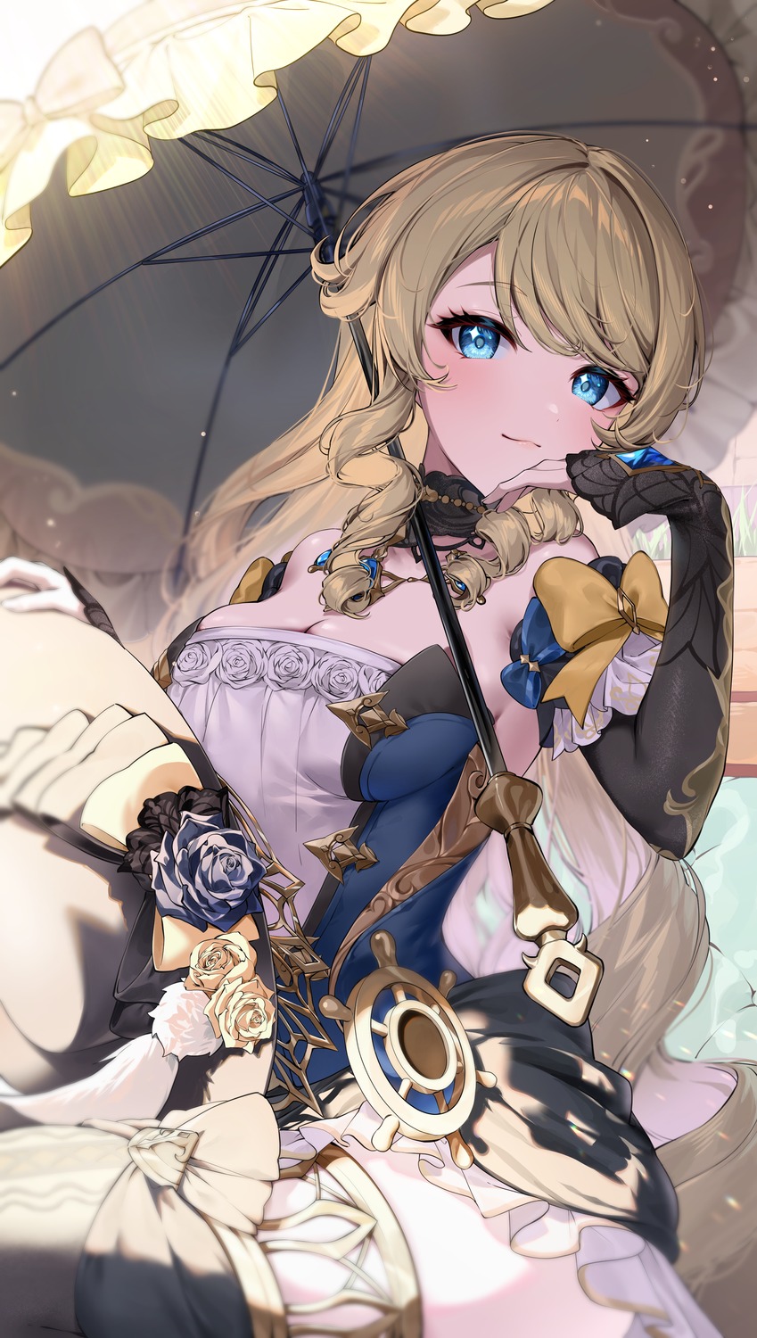 cleavage genshin_impact kkopoli navia no_bra thighhighs umbrella