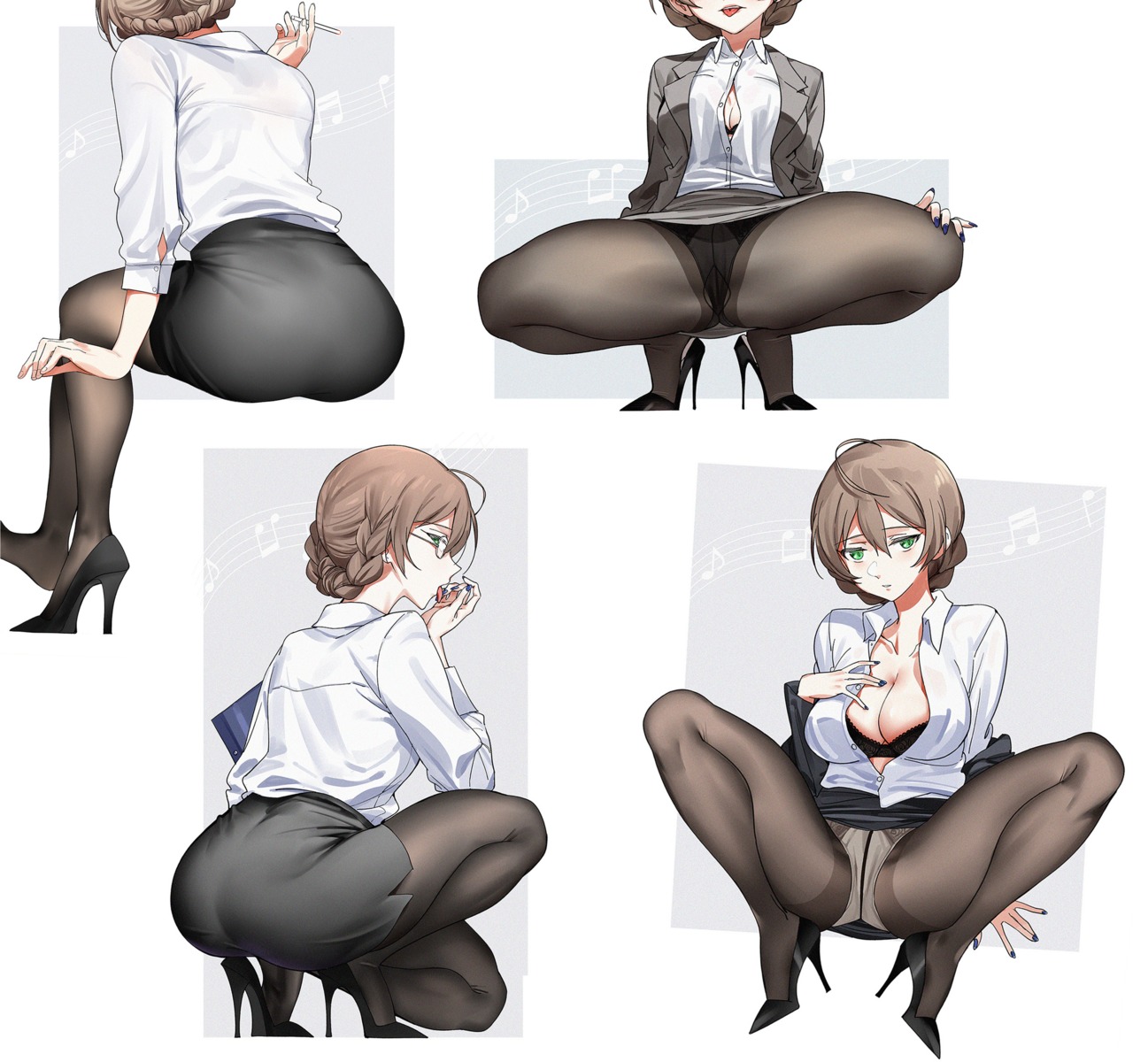 ass bra business_suit dress_shirt heels megane nakamura_rohane open_shirt pantsu pantyhose sakuramori_kaori skirt_lift smoking the_idolm@ster the_idolm@ster_million_live!