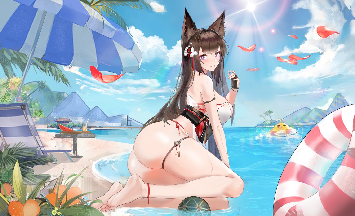 amagi_(azur_lane) animal_ears ass azur_lane bikini clkfmbing garter kitsune manjuu_(azur_lane) swimsuits thong wet