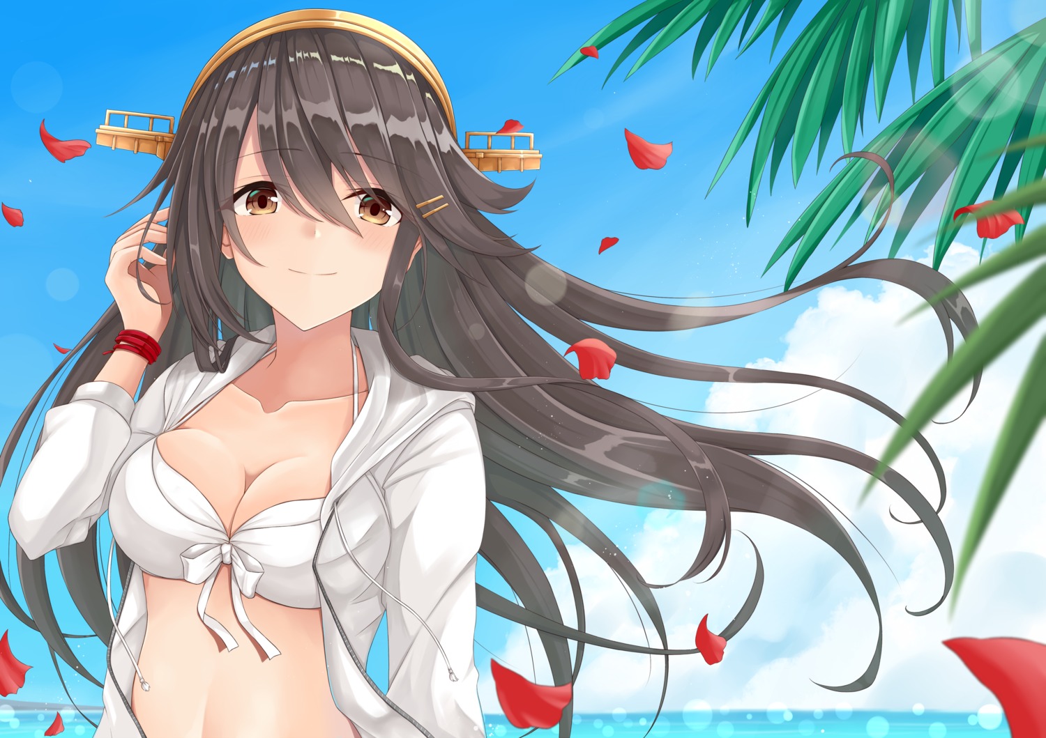 bikini_top cleavage gensoukitan haruna_(kancolle) kantai_collection open_shirt swimsuits