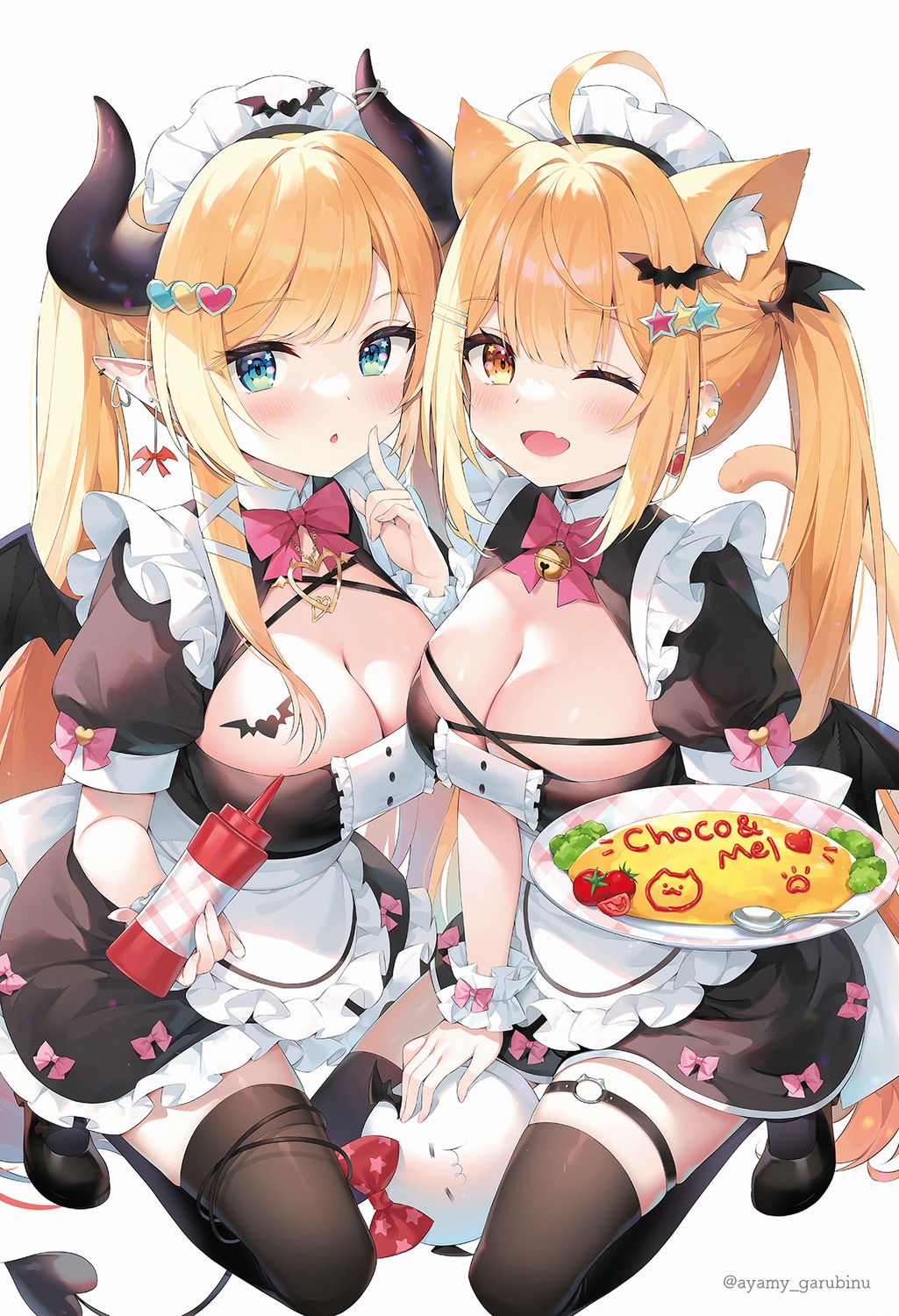 animal_ears ayamy garter hololive horns maid nekomimi no_bra pointy_ears tail thighhighs waitress wings yozora_mel yuzuki_choco