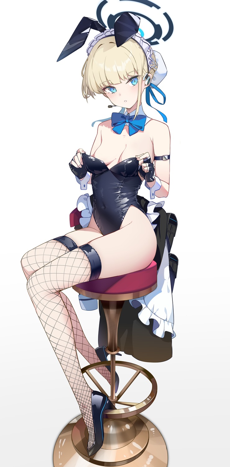 animal_ears asuma_toki blue_archive bunny_ears bunny_girl fishnets halo heels no_bra shimanun thighhighs undressing