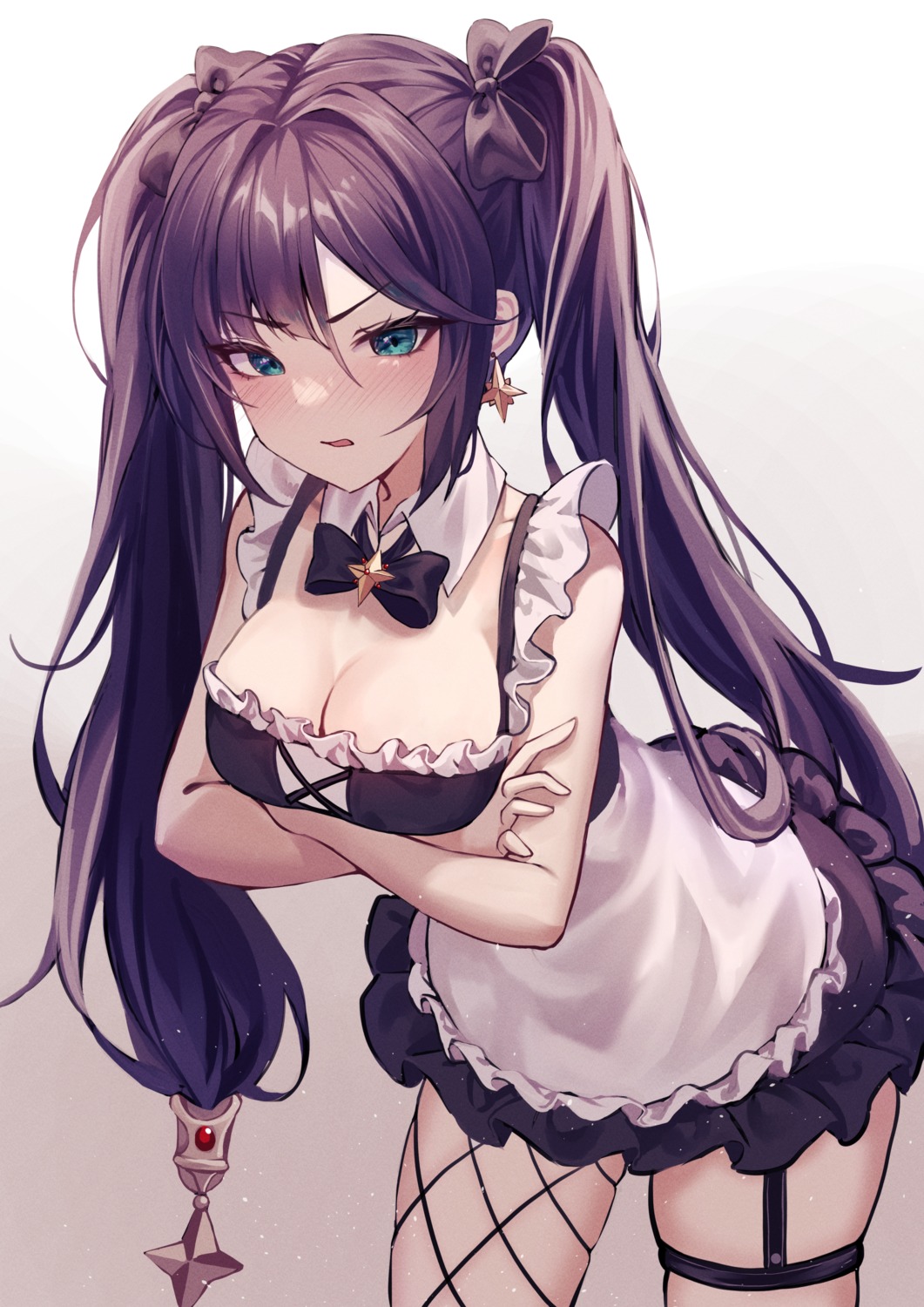 1yu_x cleavage fishnets garter genshin_impact maid mona_megistus no_bra thighhighs