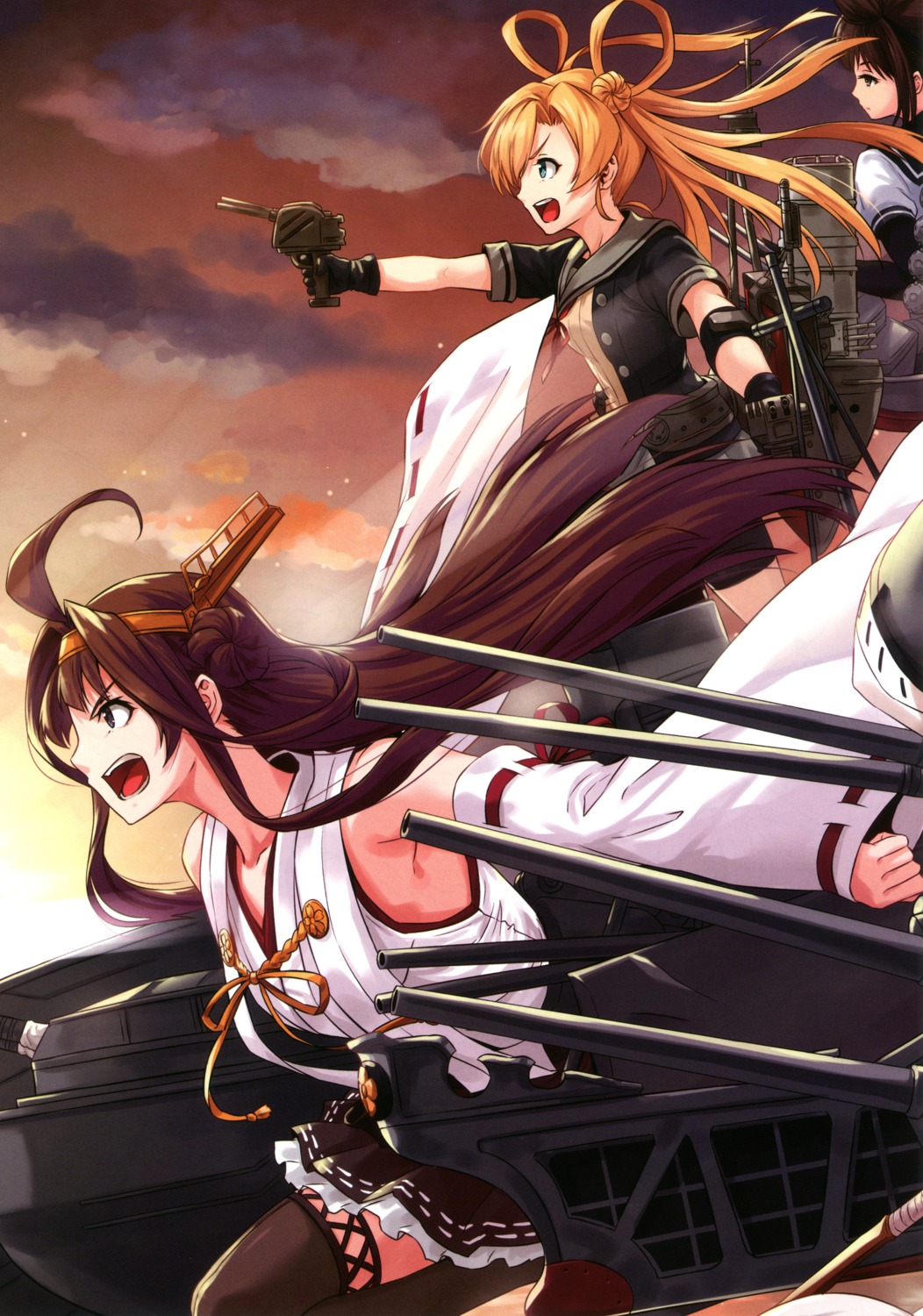 abukuma_(kancolle) hatsuzuki_(kancolle) japanese_clothes kantai_collection kongou_(kancolle) sakiyamama screening seifuku thighhighs weapon