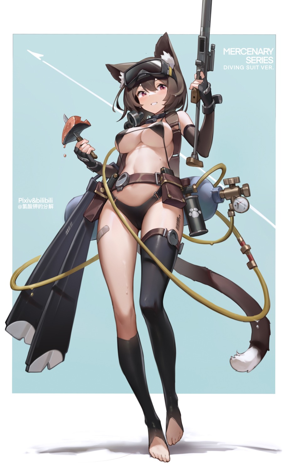 animal_ears bandaid bikini bilibili_xiaolu garter gun swimsuits tail tattoo thighhighs