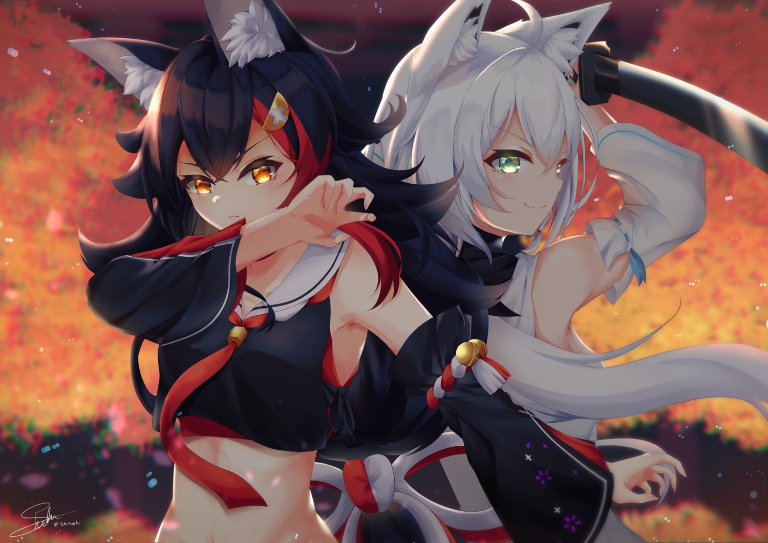 animal_ears hololive hololive_gamers kitsune ookami_mio seifuku shiinochi shirakami_fubuki sword