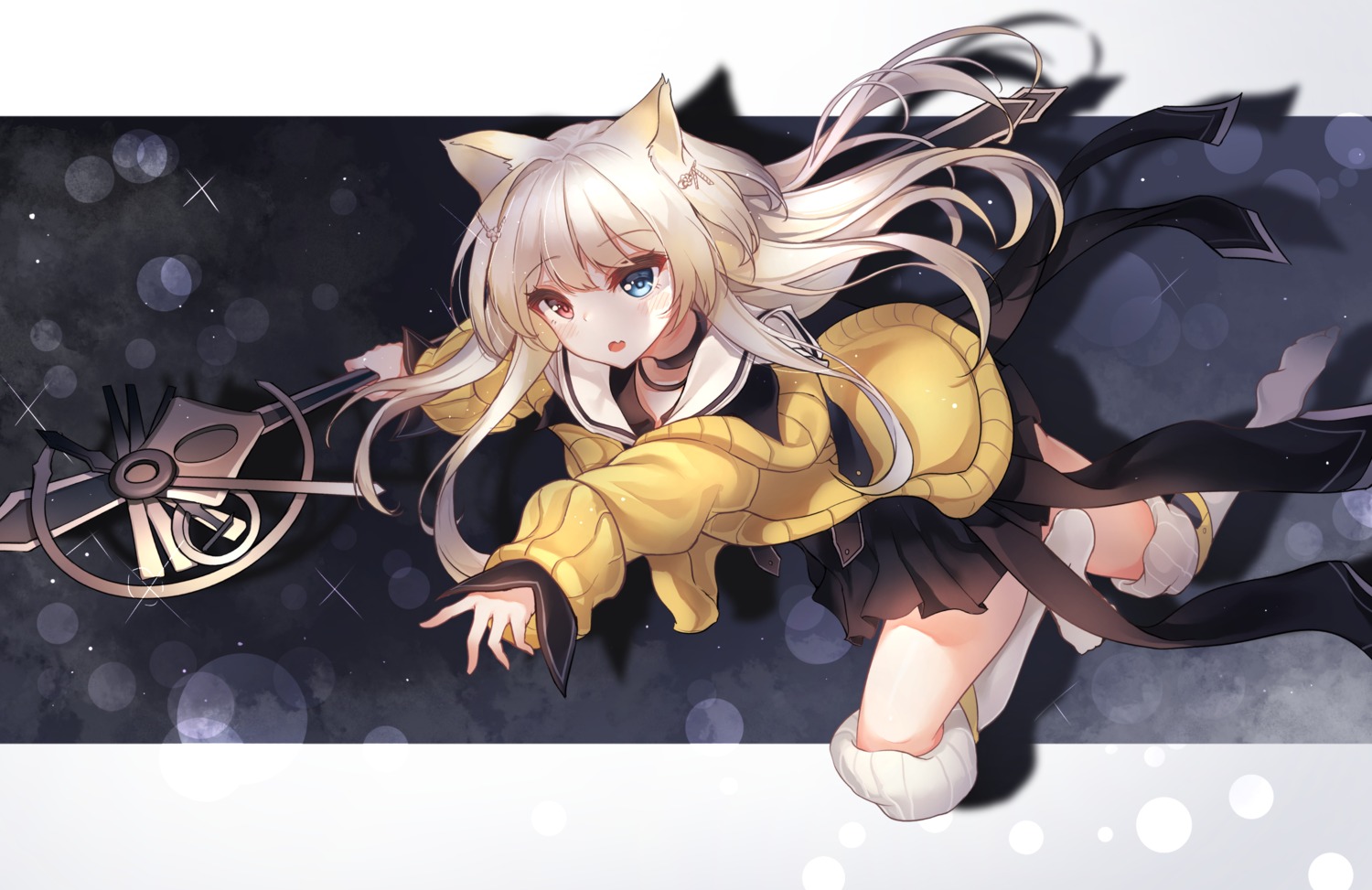 animal_ears arknights heterochromia mecha_(alswp) nightmare_(arknights) seifuku sweater thighhighs weapon