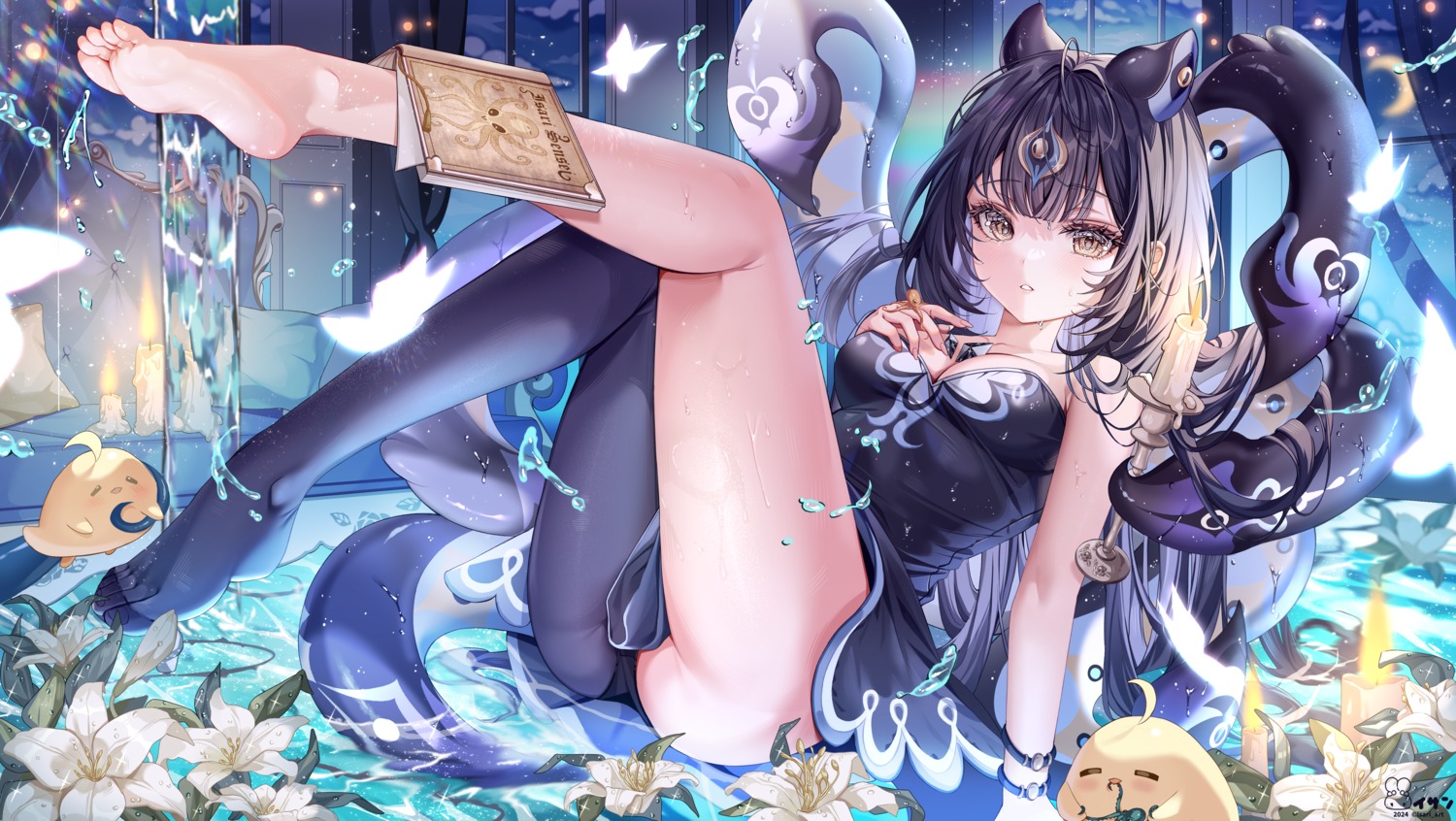 abelia_(vtuber) animal_ears dress feet indie_virtual_youtuber isari_sensei no_bra pantsu skirt_lift tentacles wet