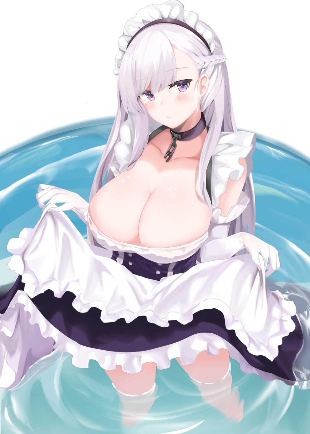 azur_lane belfast_(azur_lane) maid no_bra ru_zhai skirt_lift wet