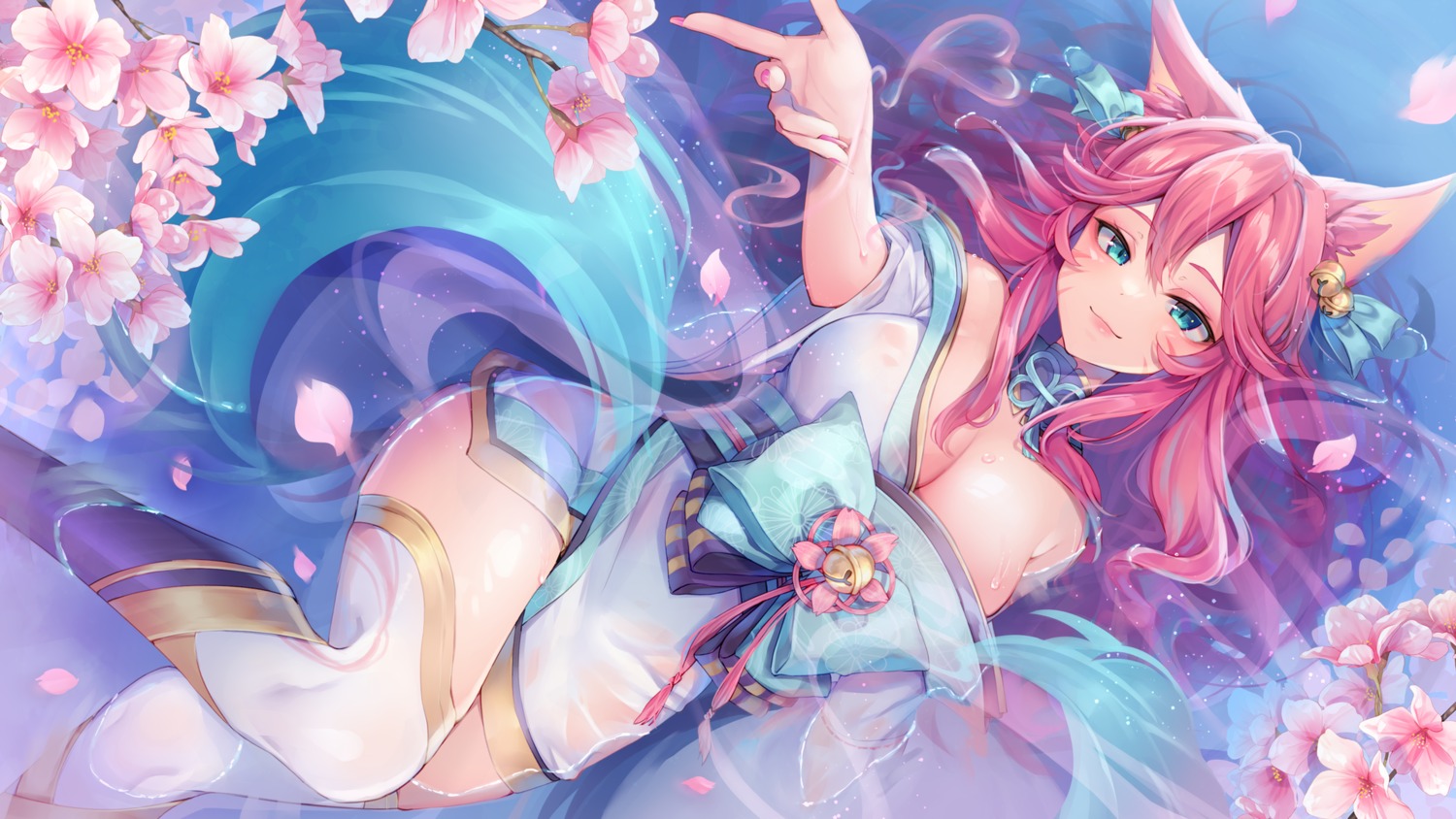 ahri animal_ears japanese_clothes kitsune league_of_legends momoirone no_bra open_shirt see_through tail thighhighs wallpaper wet wet_clothes