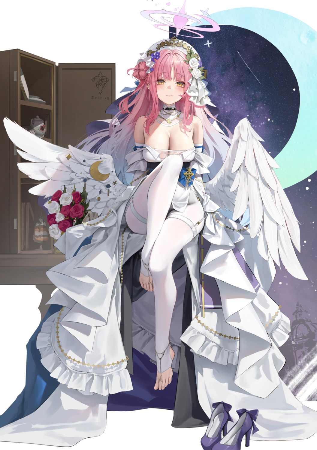 angel blue_archive dress feet garter hiki_niito misono_mika no_bra pantyhose skirt_lift wedding_dress wings